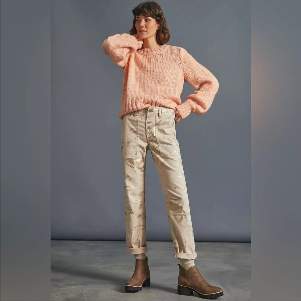 Pilcro Beige Printed High-Rise Button-Fly Utility Pants